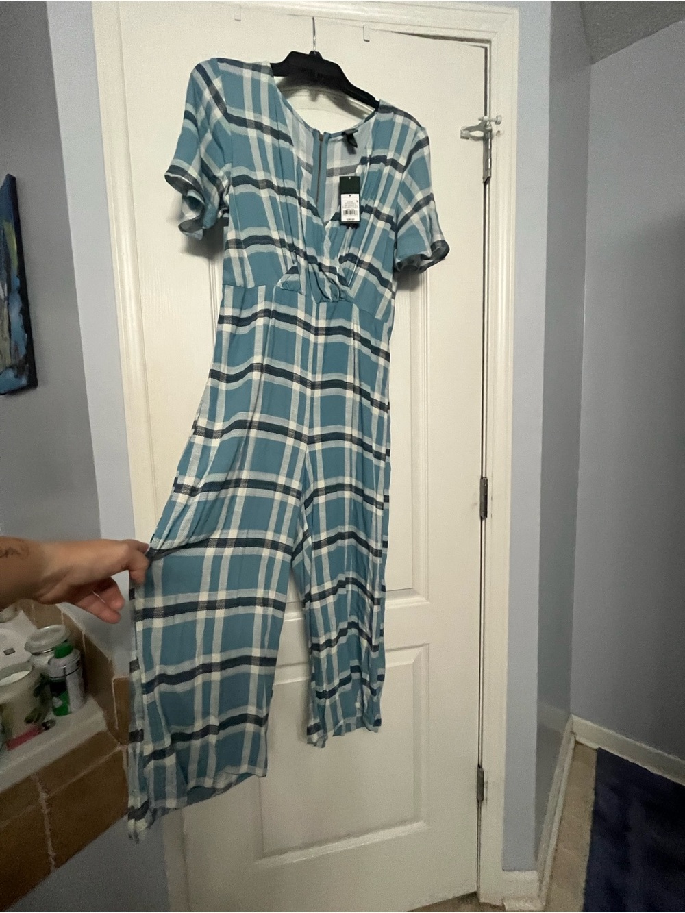 NWT Wild Fable Teal and White Plaid Short-Sleeve Jumpsuit